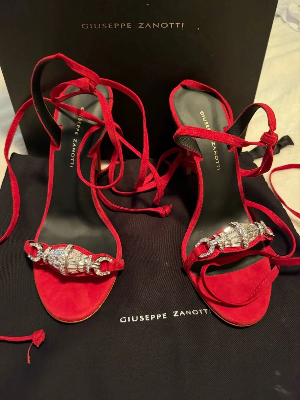 Giuseppe Zanotti Red Suede Crystal-Embellished Lace-Up Heels